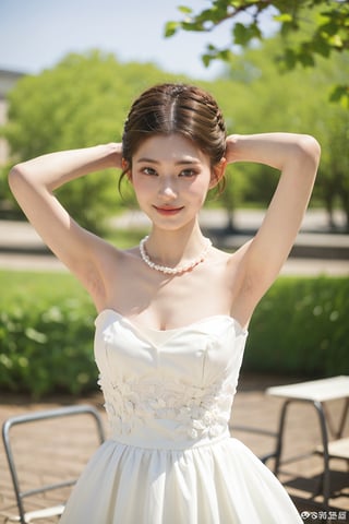 1girl, black hair, smiling, wedding dress, half body shot, (18yo),(arms behind head:1.2),  beautiful, detailed eyes, white dress, lace details, pearl necklace, delicate makeup, natural light, outdoor setting, greenery background, peaceful expression, best quality, masterpiece.