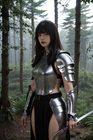 1girl, medieval, warrior, beautiful, black hair, long hair, (18yo), determined expression, wearing armor, sword on belt, standing in forest, sunlight filtering through trees, green leaves, brown bark, moss on ground, peaceful atmosphere, realistic style, best quality, masterpiece.