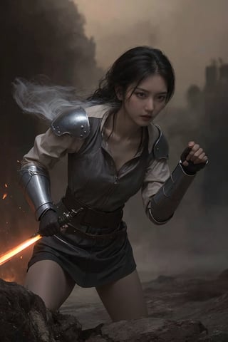 1girl, black hair, combat pose, (20yo), determined expression, glowing sword, shield, futuristic armor, dynamic action, energy effects, battlefield background, (explosion in distance:0.8), smoke, debris, high contrast lighting, (sword glow intensity:1.3), wide-angle lens, best quality, masterpiece.