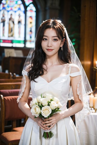 1girl, wedding scene, beautiful, black hair, long hair, (bride:1.2), white wedding dress, veil, holding bouquet, (smile:1.1), sparkling eyes, surrounded by guests, church interior, stained glass windows, flower decorations, candlelight, warm atmosphere, detailed background, depth of field, realistic, ambient light, (cinematic composition:1.3), high definition, best quality, masterpiece.