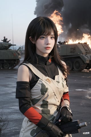 1girl, beautiful, black hair, long hair, intense eyes, determined expression, combat uniform, camouflage pattern, holding a rifle, firing, battlefield, explosions in background, tanks, smoke, fire, debris, chaotic environment, dynamic lighting, (action pose:1.2), high-contrast, gritty textures, best quality, masterpiece.