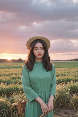 1girl, beautiful, black hair, long hair, farmer, field, agriculture, (18yo), innocent, detailed eyes, green dress, straw hat, holding scythe, wheat, sunset, peaceful, serene, rural, natural light, high resolution, best quality, masterpiece. 