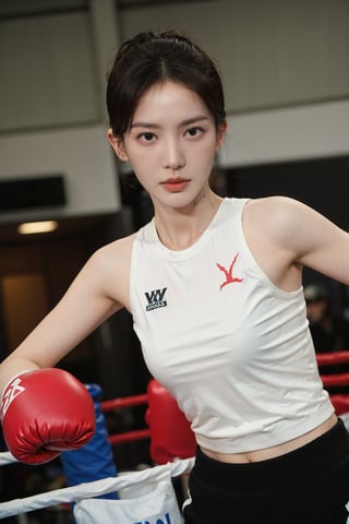 1girl, beautiful, black hair, young, (20yo), determined expression, boxing ring, punching, sportswear, dynamic pose, sweat, intense eyes, focused, gym, bright lighting, realistic style, best quality, masterpiece.