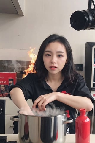 1girl, black hair, young, (20yo), in a pot, being cooked, (steam:1.2), boiling water, hot steam, detailed facial expression, panic, wide-eyed, (red face:1.3), dynamic pose, (bubbles:1.0), kitchen background, stainless steel pot, (flames under pot:1.1), intense heat, (food cooking sounds:0.8), surreal scene, high contrast lighting, sharp details, (cinematic composition:1.3), best quality, masterpiece.