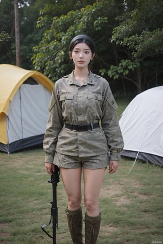 1girl, black hair, teenage, soldier, fully armed, standing at attention, (20yo), determined expression, detailed eyes, combat uniform, camouflage pattern, rifle, ammunition belt, combat boots, (headband:1.2), outdoor, military camp background, greenery, tents, realistic, depth of field, ambient light, (cinematic composition:1.3), best quality, masterpiece