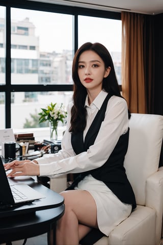 1girl, office lady, solo, (20yo), beautiful, detailed eyes, black hair, long hair, business suit, white shirt, black skirt, high heels, thighhighs, office, desk, computer, documents, window view, cityscape, beautifully detailed background, depth of field, realistic, ambient light, (cinematic composition:1.3), HDR, Accent Lighting, wide-angle lens, best quality, masterpiece