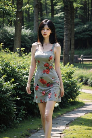 1girl, beautiful, solo, (17yo), stunning black hair, long hair, detailed eyes, walking in forest, green trees, sunlight filtering through leaves, colorful wildflowers, peaceful atmosphere, serene expression, flowy summer dress, barefoot, natural makeup, surrounded by nature, vibrant colors, depth of field, realistic, ambient light, (cinematic composition:1.2), wide-angle lens, best quality, masterpiece.