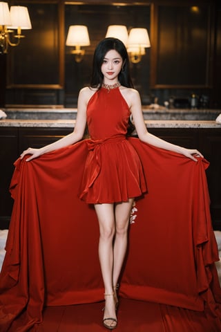 1girl, black hair, standing, sexy, hotel interior, full body shot, detailed eyes, elegant posture, (red dress:1.2), high heels, beautiful, (ambient light:1.0), luxurious setting, depth of field, realistic style, best quality, masterpiece.