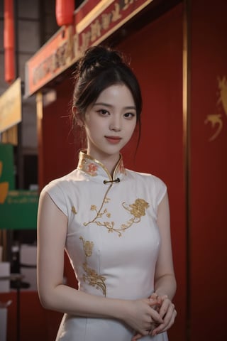 1girl, black hair, long hair, standing, full-body shot, smiling, Cheongsam (Chinese style dress), elegant, detailed eyes, blush on the cheeks, traditional Chinese architecture background, lanterns, red and gold colors, depth of field, realistic, soft light, cinematic composition:1.3, best quality, masterpiece