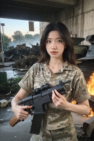 1girl, beautiful, black hair, long hair, intense eyes, determined expression, combat uniform, camouflage pattern, holding a rifle, firing, battlefield, explosions in background, tanks, smoke, fire, debris, chaotic environment, dynamic lighting, (action pose:1.2), high-contrast, gritty textures, best quality, masterpiece.