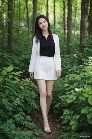 1girl, black hair, long hair, (smiling:1.2), forest, walking, full body shot, green trees, sunlight filtering through leaves, peaceful expression, casual attire, natural scenery, realistic style, best quality, masterpiece.