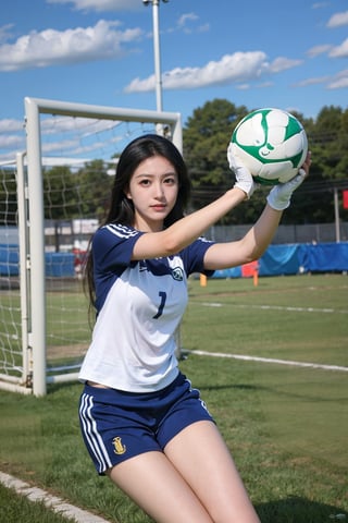 1girl, beautiful, black hair, long hair, detailed eyes, athletic, goalkeeper, soccer field, flying posture, (catching the ball:1.3), green grass, white goalposts, net, blue sky, sunny, dynamic pose, sportswear, gloves, cleats, action-packed, depth of field, realistic, ambient light, wide-angle lens, best quality, masterpiece.