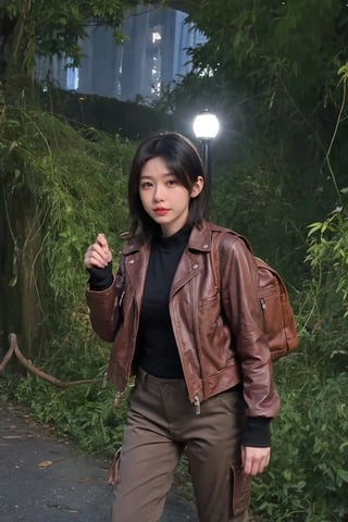 1girl, black hair, young, adventurer, exploring, outdoor, tunnel, wilderness, (leather jacket:1.2), (cargo pants:1.1), hiking boots, backpack, headlamp, (dust:0.8), (cobwebs:0.9), mysterious atmosphere, dim light, damp walls, rocky terrain, (moss:1.0), (vines:1.0), best quality, masterpiece