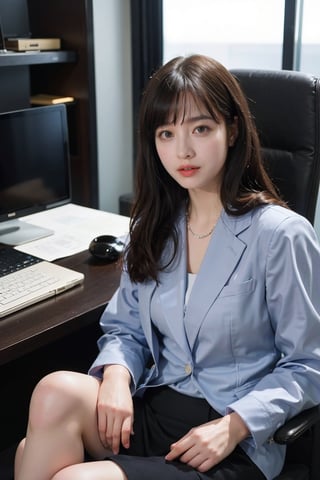 1girl, office lady, solo, (20yo), beautiful, detailed eyes, black hair, long hair, professional attire, suit jacket, pencil skirt, high heels, sitting at desk, computer on desk, office environment, modern interior, window view, sunlight, beautifully detailed background, depth of field, realistic, ambient light, (cinematic composition:1.3), HDR, Accent Lighting, wide-angle lens, best quality, masterpiece