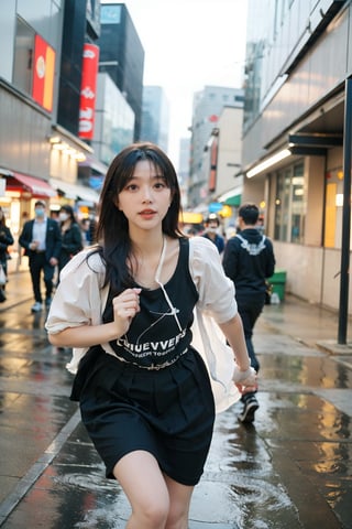 1girl, beautiful, black hair, long hair, solo, (18yo), (athletic, running), city background, urban landscape, skyscrapers, streets, night time, streetlights, dynamic pose, flowing dress, determined expression, high-quality sneakers, neon signs, reflections on wet pavement, ambient city lights, depth of field, realistic, (cinematic composition:1.3), wide-angle lens, best quality, masterpiece