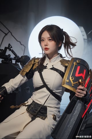 1girl, black hair, combat pose, (20yo), determined expression, glowing sword, shield, futuristic armor, dynamic action, energy effects, battlefield background, (explosion in distance:0.8), smoke, debris, high contrast lighting, (sword glow intensity:1.3), wide-angle lens, best quality, masterpiece.