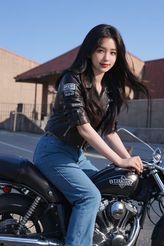 1girl, black hair, solo, (20yo), beautiful detailed eyes, smiling,leather jacket, jeans, boots, motorcycle, dynamic pose, clear sky background, realistic style, ambient light, (cinematic composition:1.3), wide-angle lens, best quality, masterpiece