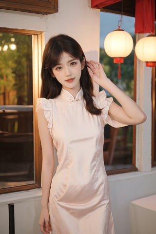 1girl, black hair, long hair, standing, full-body shot, smiling, Cheongsam (Chinese style dress), elegant, detailed eyes, blush on the cheeks, traditional Chinese architecture background, lanterns, red and gold colors, depth of field, realistic, soft light, cinematic composition:1.3, best quality, masterpiece