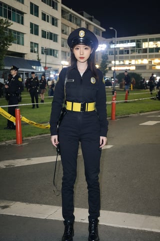 1girl, black hair, young, female police officer, patrolling, street view, full body shot, uniform, cap, badge, utility belt, nightstick, focused expression, city background, daytime, realistic style, high-quality resolution, masterpiece.