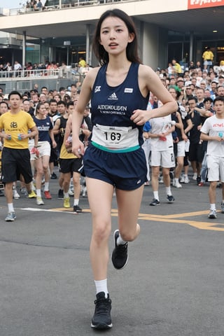 1girl, marathon runner, black hair, young, energetic, sportswear, running shoes, number bib, race track, crowd cheering, clear sky, sun shining, vibrant colors, dynamic pose, sweat detail, focused expression, (muscle tone:1.2), (skin glow:1.1), wide-angle lens, best quality, masterpiece.