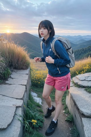 1girl, black hair, young lady, climbing a mountain, full body shot, athletic outfit, hiking boots, backpack, (sunrise:1.2), rocky terrain, greenery, high altitude, clear sky, (vivid colors:1.3), dynamic pose, determined expression, (sweating:0.8), natural light, wide-angle lens, best quality, masterpiece.