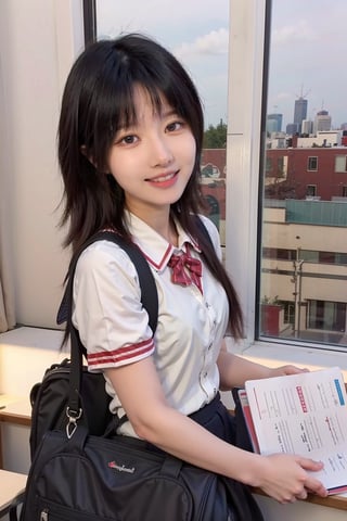 1girl, school uniform, beautiful, black hair, long hair, detailed eyes, looking at viewer, classroom setting, desk, smile,books, chalkboard, sunlight from window, (school bag:1.2), (uniform:1.3), high quality, masterpiece