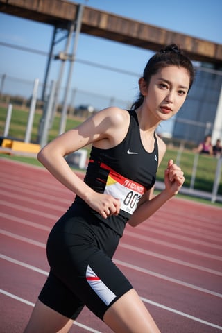 1girl, black hair, beautiful, marathon runner, competition, athletic outfit, running shoes, dynamic pose, sweating, determined expression, (track and field:1.3), sports track, clear sky, daytime, vibrant atmosphere, realistic style, wide-angle lens, best quality, masterpiece