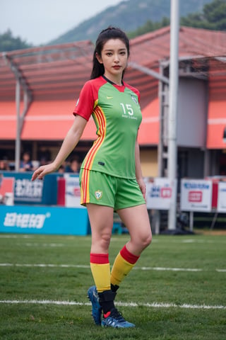 1girl, black hair, full body, soccer uniform, detailed facial features, bright eyes, Cleavage,athletic posture, standing, soccer cleats, green field, outdoor, sunny day, dynamic pose, high quality, masterpiece