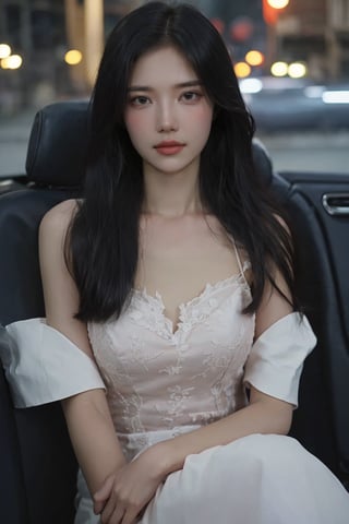 1girl, beautiful, black hair, long hair, sitting in a car, detailed eyes, light blush, looking at viewer, elegant dress, (mole under eye:0.8), street background, city lights, night time, realistic, ambient light, depth of field, (cinematic composition:1.3), HDR, Accent Lighting, wide-angle lens, best quality, masterpiece.