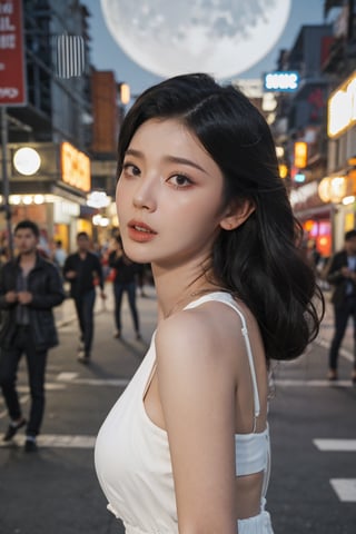 1girl, black hair, teenage, fearful expression, running, nighttime, city streets, alone, (dark shadows:0.8), (moonlight:1.2), blurred background motion, detailed face, wide eyes, open mouth, wind-blown hair, fast movement, urban environment, neon signs, streetlights, (panic:1.5), best quality, masterpiece