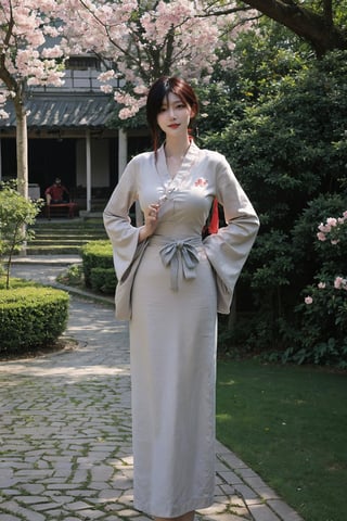 1girl, black hair, full body, standing, Hanfu, smiling, detailed eyes, traditional Chinese clothing, delicate patterns, silk fabric, (red ribbon:1.2), (jade pendant:0.9), ancient China, serene expression, gentle breeze, cherry blossoms, courtyard, stone path, (sunny weather:0.8), soft light, peaceful atmosphere, high definition, best quality, masterpiece.