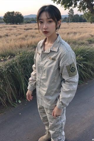 1girl, soldier, standing at attention, black hair, short hair, young (18yo), serious expression, military uniform, camouflage pattern, combat boots, outdoors, grass field, sunset, golden hour light, clear sky, detailed background, depth of field, realistic, ambient light, (cinematic composition:1.3), high definition, best quality, masterpiece