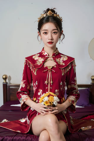  best quality,highly detailed,1girl,
a woman in a red and gold clothes, phoenix coronet,(sitting on red bed),blush,shy,black_hair, earrings,  indoors, jewelry, long_sleeves, red lips, tassel, Red quilt,(red palace:1.2),looking_at_viewer,smile