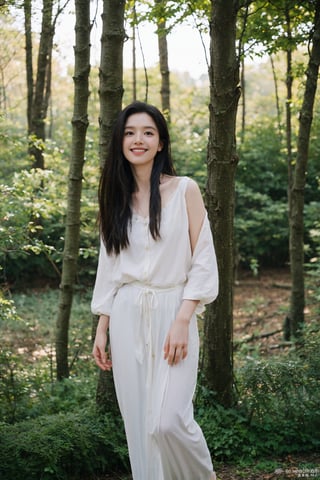 1girl, black hair, long hair, (smiling:1.2), forest, walking, full body shot, green trees, sunlight filtering through leaves, peaceful expression, casual attire, natural scenery, realistic style, best quality, masterpiece.