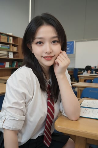 1girl, black hair, school, classroom, smiling, (20yo), beautiful detailed eyes, casual school uniform, sitting at desk, books, pencils, looking at viewer, natural light, detailed background, depth of field, realistic, ambient light, cinematic composition, best quality, masterpiece.