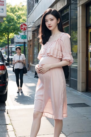 1girl, black hair, pregnant, standing, street, full body shot, (20yo), beautiful, detailed eyes, light blush, simple dress, flat shoes, holding belly, sunny day, urban background, realistic, ambient light, (cinematic composition:1.3), wide-angle lens, best quality, masterpiece