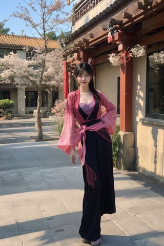 1girl, black hair, full body, standing, Hanfu, smiling, detailed eyes, traditional Chinese clothing, delicate patterns, silk fabric, (red ribbon:1.2), (jade pendant:0.9), ancient China, serene expression, gentle breeze, cherry blossoms, courtyard, stone path, (sunny weather:0.8), soft light, peaceful atmosphere, high definition, best quality, masterpiece.