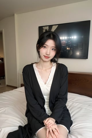 1girl, beautiful, black hair, sitting on a hotel bed, detailed eyes, (20yo), smile,elegant, looking at viewer, nightwear, silk robe, white, high-quality bedding, luxurious hotel room, warm lighting, (cinematic composition:1.3), depth of field, realistic, ambient light, wide-angle lens, best quality, masterpiece.