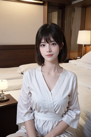 1girl, beautiful, black hair, sitting on a hotel bed, detailed eyes, (20yo), smile,elegant, looking at viewer, nightwear, silk robe, white, high-quality bedding, luxurious hotel room, warm lighting, (cinematic composition:1.3), depth of field, realistic, ambient light, wide-angle lens, best quality, masterpiece.