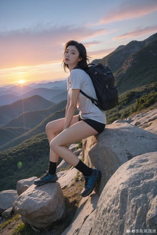 1girl, black hair, young lady, climbing a mountain, full body shot, athletic outfit, hiking boots, backpack, (sunrise:1.2), rocky terrain, greenery, high altitude, clear sky, (vivid colors:1.3), dynamic pose, determined expression, (sweating:0.8), natural light, wide-angle lens, best quality, masterpiece.