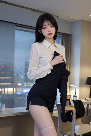 1girl, office lady, solo, (20yo), beautiful, detailed eyes, black hair, long hair, business suit, white shirt, black skirt, high heels, thighhighs, office, desk, computer, documents, window view, cityscape, beautifully detailed background, depth of field, realistic, ambient light, (cinematic composition:1.3), HDR, Accent Lighting, wide-angle lens, best quality, masterpiece