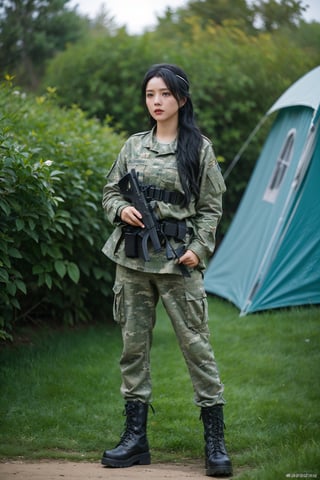 1girl, black hair, teenage, soldier, fully armed, standing at attention, (20yo), determined expression, detailed eyes, combat uniform, camouflage pattern, rifle, ammunition belt, combat boots, (headband:1.2), outdoor, military camp background, greenery, tents, realistic, depth of field, ambient light, (cinematic composition:1.3), best quality, masterpiece