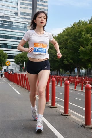 1girl, black hair, full body, sportswear, marathon running, dynamic pose, (16yo), determined expression, sweat, windblown hair, city marathon background, crowd cheering, clear sky, sunrise, vibrant colors, energy boost, detailed muscles, motion blur: legs, high quality, best quality, masterpiece.