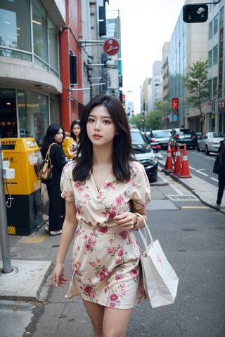 1girl, beautiful, black hair, long hair, detailed eyes, (18yo), elegant, shopping, street fashion, summer outfit, floral dress, white, sandals, carrying a bag, sunny day, city backdrop, pedestrians, urban, vibrant colors, realistic style, ambient light, (cinematic composition:1.2),best quality, masterpiece.