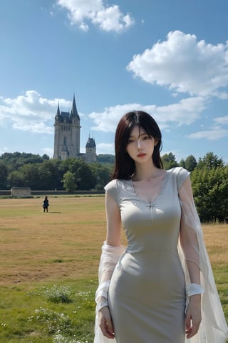 1girl, medieval, black hair, young lady, relaxed expression, detailed eyes, long hair, casual dress, (medieval dress:1.2), natural makeup, standing pose, grassy field, castle in the distance, sunny day, blue sky, fluffy white clouds, beautifully detailed background, depth of field, realistic, ambient light, (cinematic composition:1.3), HDR, Accent Lighting, wide-angle lens, best quality, masterpiece.