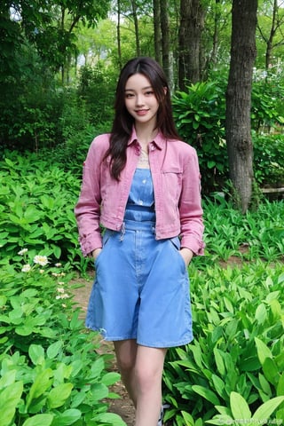 1girl, black hair, long hair, (smiling:1.2), forest, walking, full body shot, green trees, sunlight filtering through leaves, peaceful expression, casual attire, natural scenery, realistic style, best quality, masterpiece.