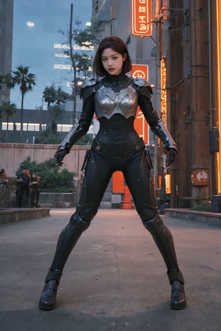 提示词参考：1 girl, black hair, full body shot, modern mecha suit, high-tech, futuristic design, exoskeleton, detailed armor plating, LED lights, dynamic pose, (energy weapon:1.0), cybernetic enhancements, (glowing circuits:0.8), battle-ready stance, cityscape background, neon signs, nighttime, (reflections on armor:1.3), (smoke effect:0.7), cinematic composition, depth of field, realistic textures, ambient light, HDR, Accent Lighting, wide-angle lens, best quality, masterpiece.