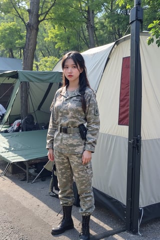 1girl, black hair, teenage, soldier, fully armed, standing at attention, (20yo), determined expression, detailed eyes, combat uniform, camouflage pattern, rifle, ammunition belt, combat boots, (headband:1.2), outdoor, military camp background, greenery, tents, realistic, depth of field, ambient light, (cinematic composition:1.3), best quality, masterpiece