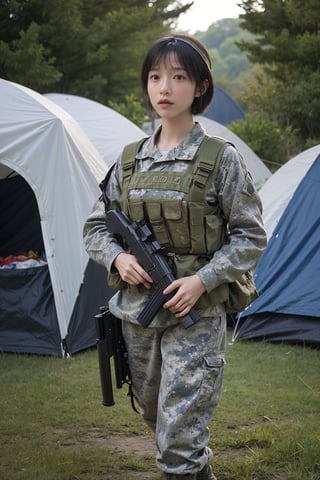 1girl, black hair, teenage, soldier, fully armed, standing at attention, (20yo), determined expression, detailed eyes, combat uniform, camouflage pattern, rifle, ammunition belt, combat boots, (headband:1.2), outdoor, military camp background, greenery, tents, realistic, depth of field, ambient light, (cinematic composition:1.3), best quality, masterpiece