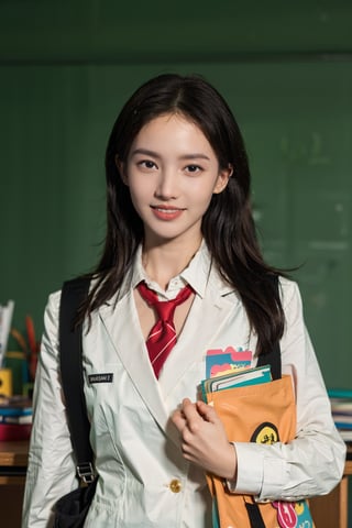 1girl, school uniform, beautiful, black hair, long hair, detailed eyes, looking at viewer, classroom setting, desk, smile,books, chalkboard, sunlight from window, (school bag:1.2), (uniform:1.3), high quality, masterpiece